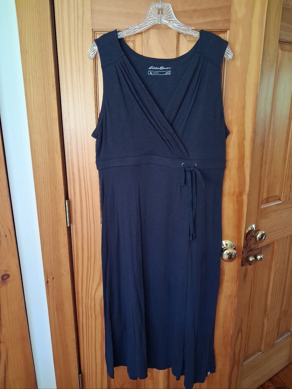 Eddie Bauer Cotton Sleeveless Midi Dress Dark Navy Blue Faux Wrap Tall Large EUC
